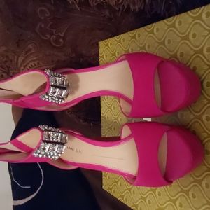 Fuchsia pink suede stiletto heels with rhinestones